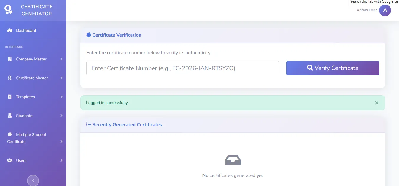 Dynamic Certificate Management System – Admin Panel - FlipCode Solutions Project